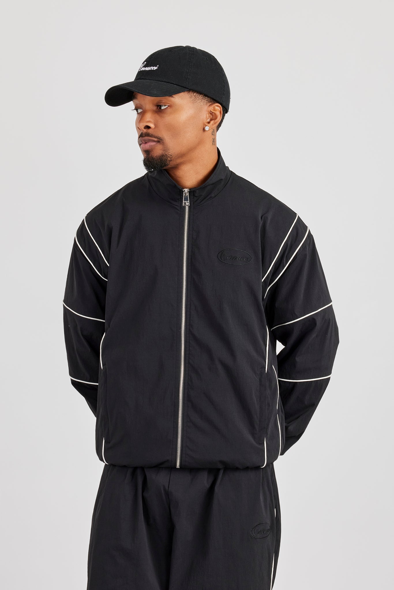 Nylon Piping Embroidered Track Jacket - Black